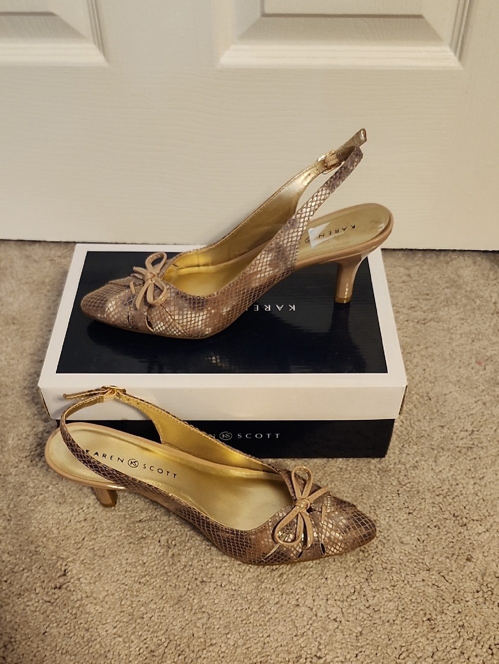 Karen Scott Metallic Snake-Embossed Slingback Heels with Bow